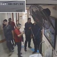 Hamas terrorists are seen at Gaza City's Shifa Hospital, as seen on surveillance footage from October 7, 2023. (IDF)