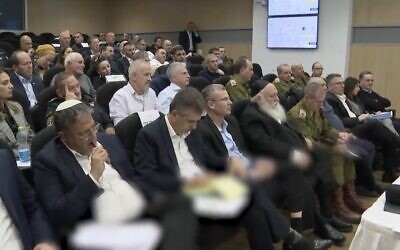 In this screenshot of a video released by the government, ministers meet to vote on a hostage agreement with Hamas, November 21, 2023. The agreement was approved early on November 22. (Screen capture/X)