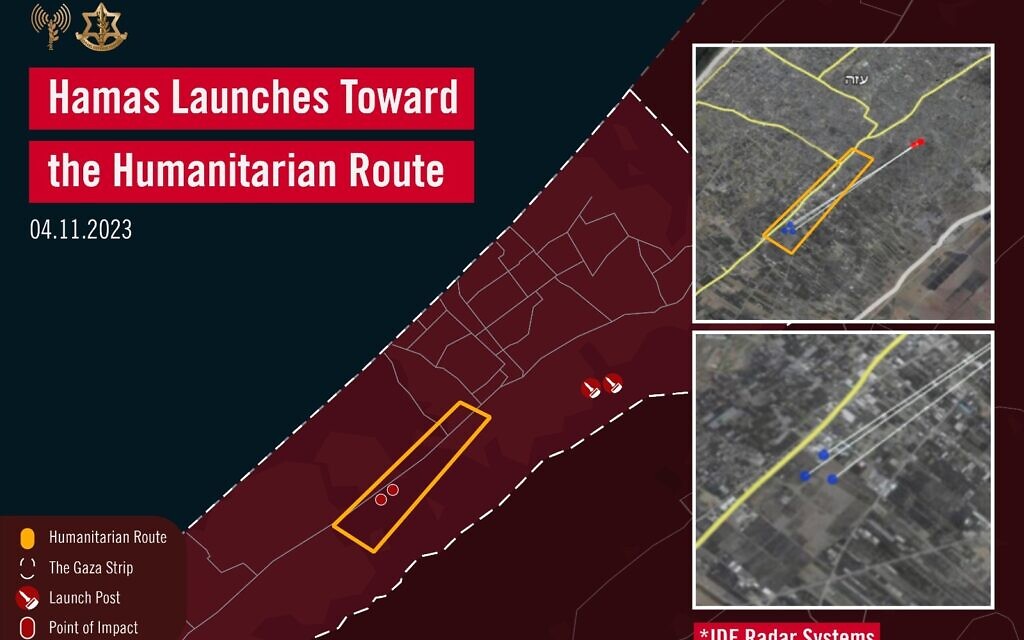 An infographic released by the military on November 4, 2023, shows where the Israel Defense Forces says Hamas terrorists attacked Israeli troops as they worked to open an evacuation corridor for Palestinians in the northern Gaza Strip. (Israel Defense Forces)