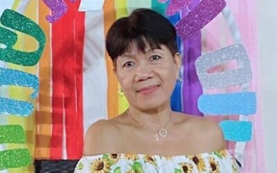 Freed hostage Noralin Agojo, 60, who was released on November 28, 2023, as part of a temporary ceasefire deal between Israel and Hamas. (Courtesy)