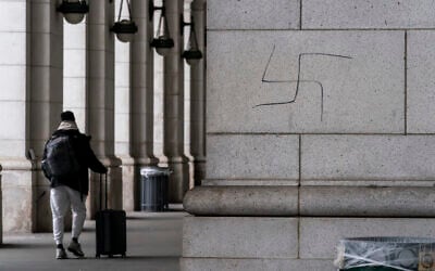 Illustrative: A hand-drawn swastika is seen on the front of Union Station near the Capitol in Washington, January 28, 2022. (AP Photo/J. Scott Applewhite)