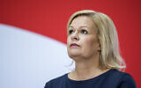 German Interior Minister Nancy Faeser speaks during a press conference in Berlin, October 9, 2023. (AP/Stefanie Loos)