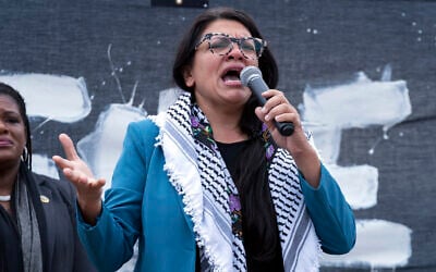 Rep. Rashida Tlaib, a Michigan Democrat, speaks during a pro-Palestinian rally at the National Mall in Washington, October 20, 2023. (AP Photo/Jose Luis Magana)