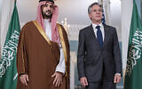 US Secretary of State Antony Blinken, right, meets with Saudi Arabia's Minister of Defense Khalid bin Salman, Wednesday, Nov. 1, 2023, at the State Department in Washington. (AP Photo/Jacquelyn Martin)
