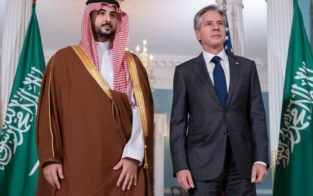 US Secretary of State Antony Blinken, right, meets with Saudi Arabia's Minister of Defense Khalid bin Salman, Wednesday, Nov. 1, 2023, at the State Department in Washington. (AP Photo/Jacquelyn Martin)