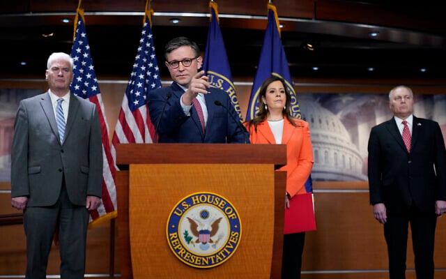 Speaker of the House Mike Johnson, R-La., center, joined by, from left, Majority Whip Tom Emmer, R-Minn., Republican Conference Chair Elise Stefanik, R-N.Y., and House Majority Leader Steve Scalise, R-La., talks with reporters ahead of the debate and vote on supplemental aid to Israel, at the Capitol in Washington, Thursday, Nov. 2, 2023. (AP Photo/J. Scott Applewhite) Speaker of the House Mike Johnson, R-La., center, joined by, from left, Majority Whip Tom Emmer, R-Minn., Republican Conference Chair Elise Stefanik, R-N.Y., and House Majority Leader Steve Scalise, R-La., talks with reporters ahead of the debate and vote on supplemental aid to Israel, at the Capitol in Washington, Thursday, Nov. 2, 2023. (AP Photo/J. Scott Applewhite)