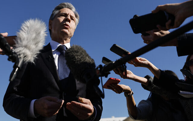US Secretary of State Antony Blinken talks to reporters prior to boarding his plane en route to the Middle East and Asia, at Andrews Air Force Base. Md., Thursday, Nov. 2, 2023. (Jonathan Ernst/Pool via AP) US Secretary of State Antony Blinken talks to reporters prior to boarding his plane en route to the Middle East and Asia, at Andrews Air Force Base. Md., Thursday, Nov. 2, 2023. (Jonathan Ernst/Pool via AP)