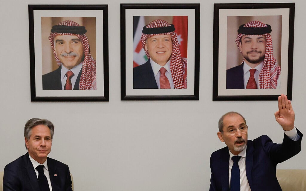 US Secretary of State Antony Blinken attends a meeting with Jordanian Deputy Prime Minister and Foreign Minister Ayman Safadi, during a day of meetings about the ongoing war between Israel and the Palestinian terror group Hamas, in Amman, Jordan, November 4, 2023. (Jonathan Ernst/Pool photo via AP)