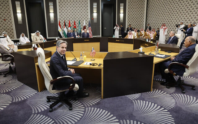 US Secretary of State Antony Blinken, front left, attends a meeting with Arab foreign ministers in Amman, Jordan, November 4, 2023. (Jonathan Ernst/Pool photo via AP) US Secretary of State Antony Blinken, front left, attends a meeting with Arab foreign ministers in Amman, Jordan, November 4, 2023. (Jonathan Ernst/Pool photo via AP)