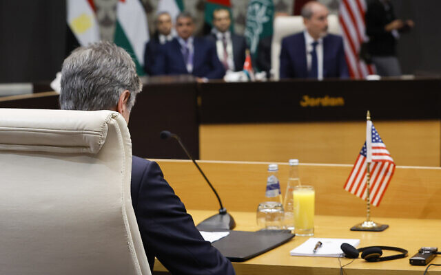 US Secretary of State Antony Blinken, left, attends a meeting with Jordan's Deputy Prime Minister and Foreign Minister Ayman Safadi, facing, and other foreign ministers during a day of meetings in Amman, Jordan, Saturday, Nov. 4, 2023. (Jonathan Ernst/Pool photo via AP) US Secretary of State Antony Blinken, left, attends a meeting with Jordan's Deputy Prime Minister and Foreign Minister Ayman Safadi, facing, and other foreign ministers during a day of meetings in Amman, Jordan, Saturday, Nov. 4, 2023. (Jonathan Ernst/Pool photo via AP)