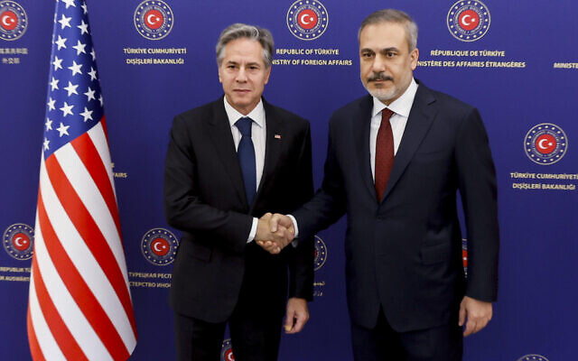US Secretary of State Antony Blinken, left, meets with Turkish Foreign Minister Hakan Fidan, amid the ongoing war between Israel and Hamas, at the Ministry of Foreign Affairs in Ankara, Turkey, Monday, Nov. 6, 2023. (Jonathan Ernst/Pool Photo via AP) US Secretary of State Antony Blinken, left, meets with Turkish Foreign Minister Hakan Fidan, amid the ongoing war between Israel and Hamas, at the Ministry of Foreign Affairs in Ankara, Turkey, Monday, Nov. 6, 2023. (Jonathan Ernst/Pool Photo via AP)