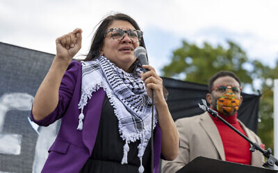 Rep. Rashida Tlaib, Democrat of Michigan, speaks during a demonstration calling for a ceasefire in Gaza, October 18, 2023, near the Capitol in Washington. (AP Photo/Amanda Andrade-Rhoades)