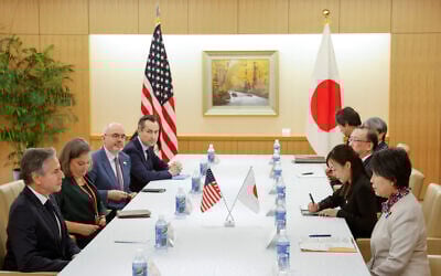 US Secretary of State Antony Blinken, left, meets with Japanese Foreign Minister Yoko Kamikawa at the Ministry of Foreign Affairs, ahead of G7 ministerial meetings, in Tokyo, Japan, Tuesday, November 7, 2023. (Jonathan Ernst/Pool Photo via AP)