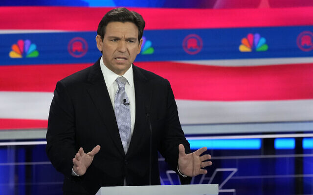 Republican presidential candidate Florida Gov. Ron DeSantis speaks during a Republican presidential primary debate hosted by NBC News, Wednesday, Nov. 8, 2023, at the Adrienne Arsht Center for the Performing Arts of Miami-Dade County in Miami. (AP Photo/Rebecca Blackwell) Republican presidential candidate Florida Gov. Ron DeSantis speaks during a Republican presidential primary debate hosted by NBC News, Wednesday, Nov. 8, 2023, at the Adrienne Arsht Center for the Performing Arts of Miami-Dade County in Miami. (AP Photo/Rebecca Blackwell)