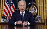 US President Joe Biden speaks from the Oval Office of the White House in Washington, October 19, 2023. (Jonathan Ernst/ Pool via AP)