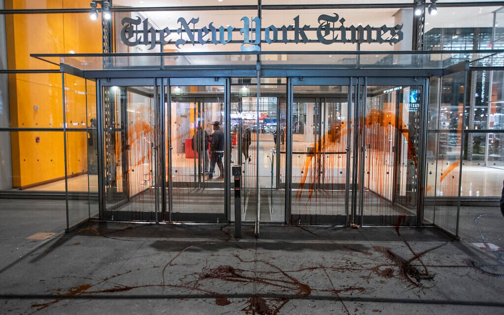 This photo shows the New York Times building entrance after being vandalized with red tint by pro-Palestinian demonstrators, November 10, 2023, in New York. (AP Photo/Eduardo Munoz Alvarez) This photo shows the New York Times building entrance after being vandalized with red tint by pro-Palestinian demonstrators, November 10, 2023, in New York. (AP Photo/Eduardo Munoz Alvarez)