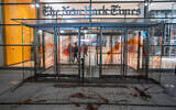 This photo shows the New York Times building entrance after being vandalized with red tint by pro-Palestinian demonstrators, November 10, 2023, in New York. (AP Photo/Eduardo Munoz Alvarez)