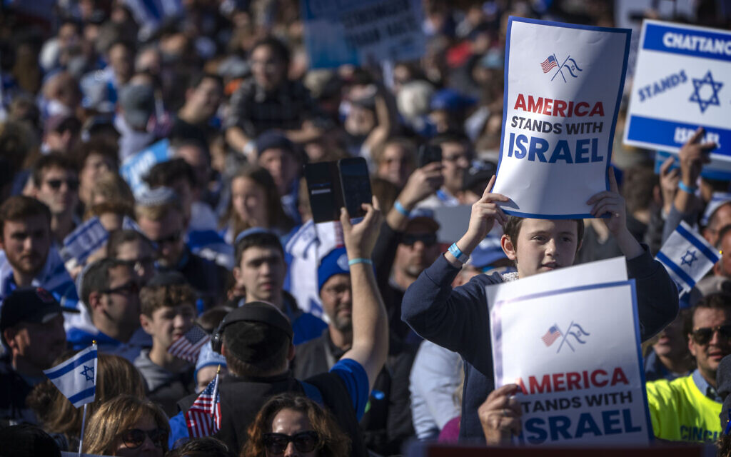 Young participants hold signs reading 'America Stands with Israel' as they take part in the March for Israel on the National Mall, November 14, 2023, in Washington, DC. (AP Photo/Mark Schiefelbein) Young participants hold signs reading 'America Stands with Israel' as they take part in the March for Israel on the National Mall, November 14, 2023, in Washington, DC. (AP Photo/Mark Schiefelbein)