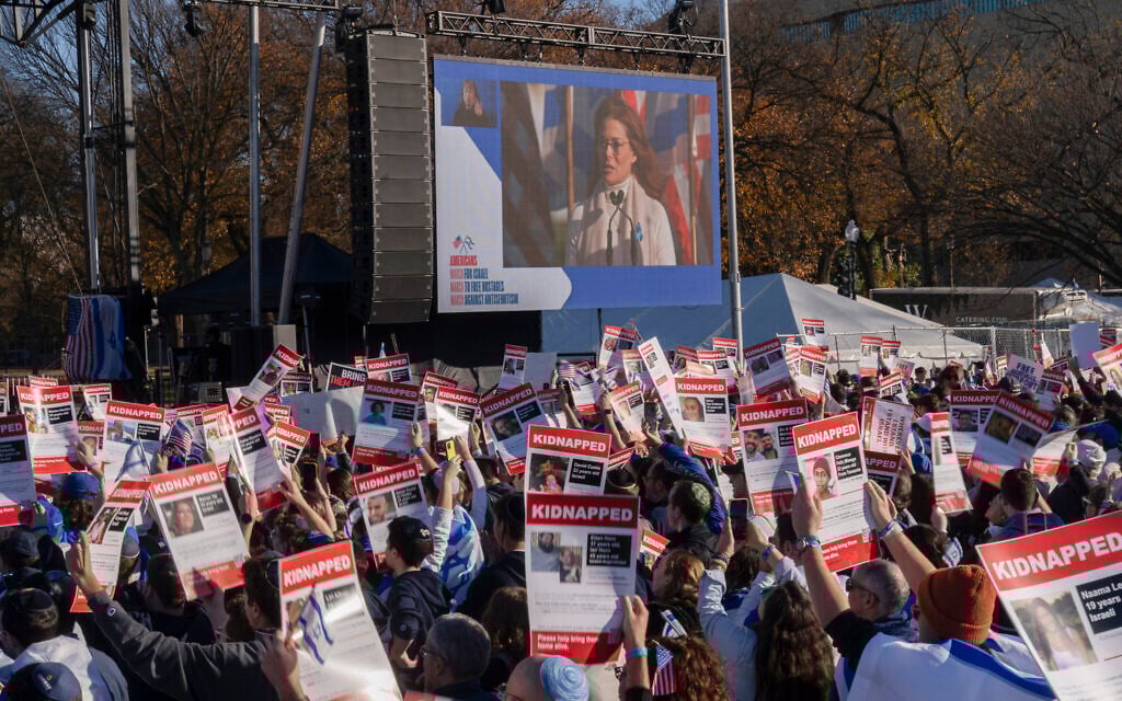 Actor Debra Messing, seen from a video monitor speaks during a March for Israel rally on the National Mall in Washington, November 14, 2023. (AP Photo/Manuel Balce Ceneta)
