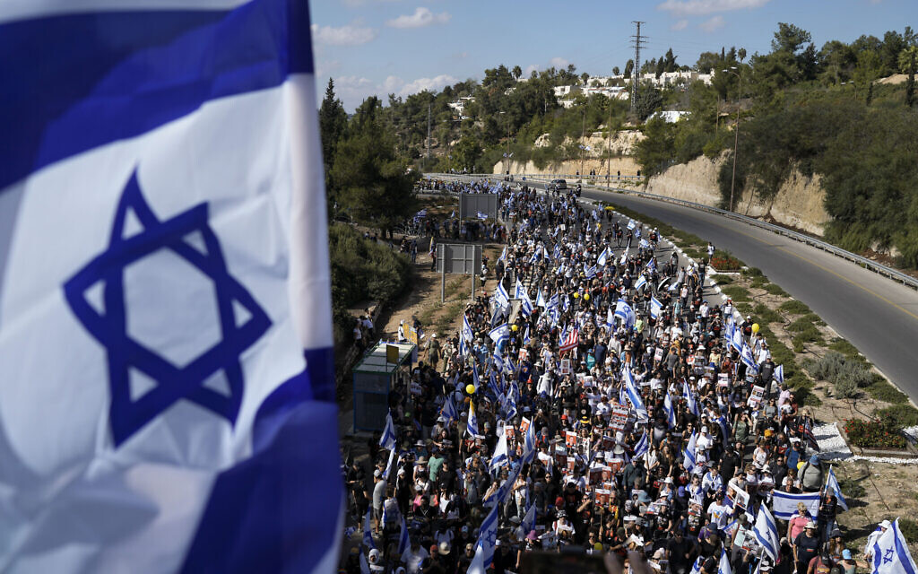 Family and supporters of the some 240 hostages held by Hamas in Gaza on the final leg of a five-day solidarity rally calling for their return, from Tel Aviv to the Prime Minister's office in Jerusalem, Nov. 18, 2023 (AP Photo/Leo Correa)