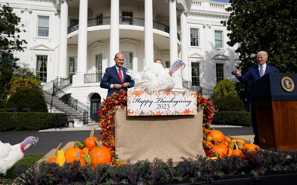 US President Joe Biden pardons the national Thanksgiving turkeys, Liberty and Bell, during a ceremony at the White House in Washington, November 20, 2023. (AP/ Andrew Harnik)