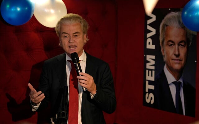 Geert Wilders, leader of the Party for Freedom, known as PVV, reacts to first preliminary results of general elections in The Hague, Netherlands, November 22, 2023. (Peter Dejong/AP) Geert Wilders, leader of the Party for Freedom, known as PVV, reacts to first preliminary results of general elections in The Hague, Netherlands, November 22, 2023. (Peter Dejong/AP)