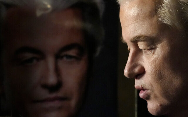 Geert Wilders, leader of the Party for Freedom, known as PVV, answers questions to media after announcement of the first preliminary results of general elections in The Hague, Netherlands, November 22, 2023. (AP Photo/Peter Dejong) Geert Wilders, leader of the Party for Freedom, known as PVV, answers questions to media after announcement of the first preliminary results of general elections in The Hague, Netherlands, November 22, 2023. (AP Photo/Peter Dejong)