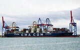 In this photo provided by Manuel Hernandez Lafuente, the CMA CGM Symi is seen at port in Valencia, Spain, Oct. 22, 2023. (Manuel Hernandez Lafuente via AP)