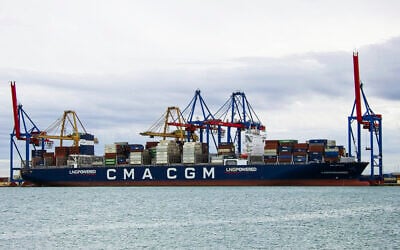 In this photo provided by Manuel Hernandez Lafuente, the CMA CGM Symi is seen at port in Valencia, Spain, Oct. 22, 2023. (Manuel Hernandez Lafuente via AP)