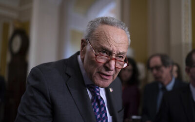Senate Majority Leader Chuck Schumer answers questions from reporters outside the Senate chamber, at the Capitol in Washington, Nov. 28, 2023. (AP Photo/J. Scott Applewhite) Senate Majority Leader Chuck Schumer answers questions from reporters outside the Senate chamber, at the Capitol in Washington, Nov. 28, 2023. (AP Photo/J. Scott Applewhite)