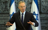 In this July 15, 2014, photo, former British prime minister and Mideast envoy Tony Blair speaks during joint statements with Israel's president Shimon Peres at the President's Residence in Jerusalem. (AP Photo/Sebastian Scheiner, File)