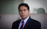 Then-Israeli Ambassador to the UN Danny Danon during a visit of UN Secretary-General Antonio Guterres (unseen) at the Yad Vashem Holocaust Memorial in Jerusalem, August 28, 2017. (Yonatan Sindel/Flash90)