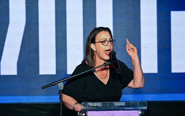 Galit Distel Atbaryan, then minister of public diplomacy speaks during a rally in support of the government's judicial overhaul outside the Supreme Court in Jerusalem, on September 7, 2023. (Arie Leib Abrams/Flash90) Galit Distel Atbaryan, then minister of public diplomacy speaks during a rally in support of the government's judicial overhaul outside the Supreme Court in Jerusalem, on September 7, 2023. (Arie Leib Abrams/Flash90)