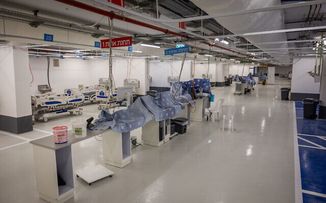 View of a new intensive care unit built in the underground parking lot of the Hadassah Mount Scopus Hospital, in Jerusalem, October 25, 2023 (Yonatan Sindel/Flash90)