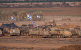 A staging area near the Israeli border with the Gaza Strip, on November 1, 2023. (Chaim Goldberg/Flash90)
