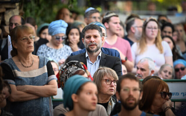 Finance Minister Bezalel Smotrich attends the funeral of an Israeli reserve soldier killed in northern Israel at the Mount Herzl Military Cemetery in Jerusalem, November 6, 2023. (Arie Leib Abrams/Flash90) Finance Minister Bezalel Smotrich attends the funeral of an Israeli reserve soldier killed in northern Israel at the Mount Herzl Military Cemetery in Jerusalem, November 6, 2023. (Arie Leib Abrams/Flash90)