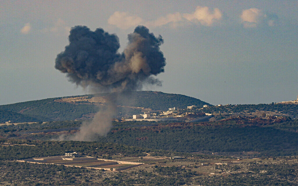 Smoke rises during an exchange of fire between the IDF and Hezbollah on the border between Israel and Lebanon, November 18, 2023. (Ayal Margolin/Flash90)