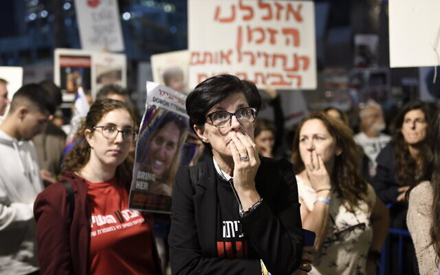 Israelis attend a rally calling for the release of Israelis held hostage in Gaza, in Tel Aviv, November 25, 2023. (Miriam Alster/Flash90) Israelis attend a rally calling for the release of Israelis held hostage in Gaza, in Tel Aviv, November 25, 2023. (Miriam Alster/Flash90)