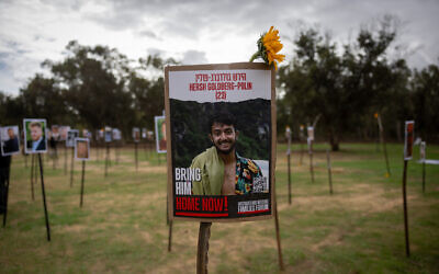 A picture of Hersh Goldberg-Polin at a memorial for those killed and kidnapped from the Nova festival, November 28, 2023 (Yonatan Sindel/Flash90)