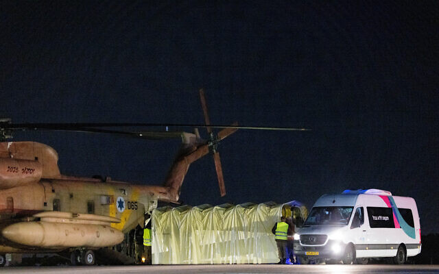 An Israeli helicopter transporting newly released hostages, held since Hamas's October 7 attacks, lands outside Ramat Gan's Sheba medical center on November 28, 2023. (Chaim Goldberg/Flash90) An Israeli helicopter transporting newly released hostages, held since Hamas's October 7 attacks, lands outside Ramat Gan's Sheba medical center on November 28, 2023. (Chaim Goldberg/Flash90)