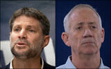 Left: Finance Minister Bezalel Smotrich at the Knesset on November 20, 2023. (Oren Ben Hakoon/Flash90); Right: Minister Benny Gantz attends a press conference at the Defense Ministry in Tel Aviv, November 22, 2023. (Chaim Goldberg/Flash90)