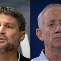 Left: Finance Minister Bezalel Smotrich at the Knesset on November 20, 2023. (Oren Ben Hakoon/Flash90); Right: Minister Benny Gantz attends a press conference at the Defense Ministry in Tel Aviv, November 22, 2023. (Chaim Goldberg/Flash90)