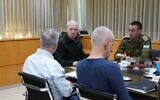 In this handout photo, Defense Minister Yoav Gallant (2nd left) meets with IDF Chief of Staff Herzi Halevi (right), Mossad chief David Barnea (left) and Shin Bet head Ronen Bar (2nd right) on November 29, 2023. (Ariel Hermoni/ Defense Ministry/ File)