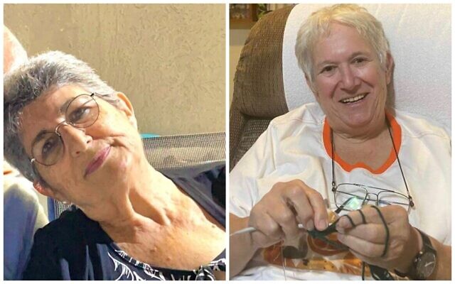 Nir Oz residents Adina Moshe (L) and Margalit Mozes who were taken hostage by Hamas and released on November 24, 2023. (Courtesy) Nir Oz residents Adina Moshe (L) and Margalit Mozes who were taken hostage by Hamas and released on November 24, 2023. (Courtesy)