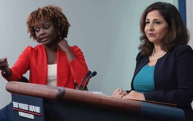 White House press secretary Karine Jean-Pierre, left, and Domestic Policy Advisor Neera Tanden, right, answer questions during the daily press briefing at the White House, August 29, 2023. (Win McNamee/Getty Images via JTA) White House press secretary Karine Jean-Pierre, left, and Domestic Policy Advisor Neera Tanden, right, answer questions during the daily press briefing at the White House, August 29, 2023. (Win McNamee/Getty Images via JTA)