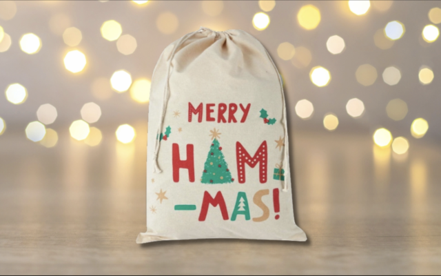 A ham bag with the slogan Merry Ham-mas has been pulled from Kmart shelves in Australia. (Image via K-Mart.com.au via WebArchive. Design by Jackie Hajdenberg/JTA) A ham bag with the slogan Merry Ham-mas has been pulled from Kmart shelves in Australia. (Image via K-Mart.com.au via WebArchive. Design by Jackie Hajdenberg/JTA)