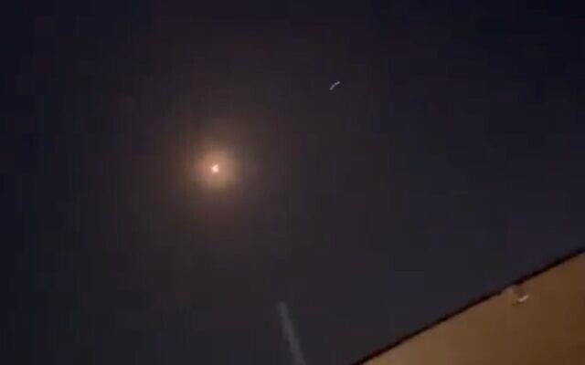 A screenshot of social media video shows an interceptor missile over the Red Sea coastal city of Eilat, November 1, 2023. (Twitter; used in accordance with Clause 27a of the Copyright Law) A screenshot of social media video shows an interceptor missile over the Red Sea coastal city of Eilat, November 1, 2023. (Twitter; used in accordance with Clause 27a of the Copyright Law)