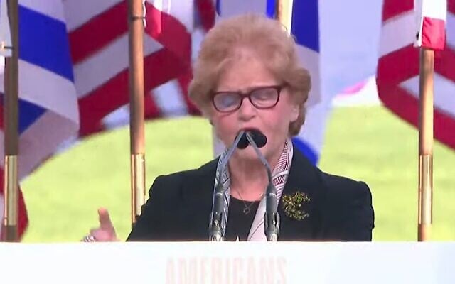US antisemitism envoy Deborah Lipstadt addresses a pro-Israel rally in Washington on November 14, 2023. (Screen capture/Youtube)