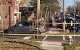 Police tape is seen in front of a utility police on which a grenade was taped, near a US Satmar synagogue in Lakewood, New Jersey, November 19, 2023. (Screenshot X. Used in accordance with Clause 27a of the Copyright Law)