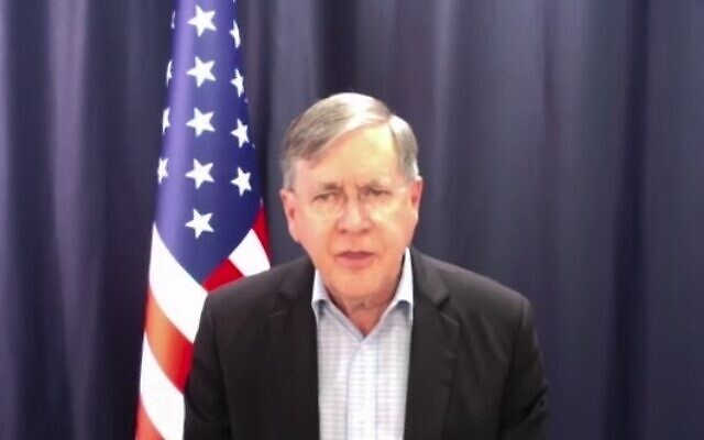 US envoy for the humanitarian situation in Gaza David Satterfield speaks during a webinar hosted by the Al-Monitor news site on November 21, 2023. (Screen capture/Zoom) US envoy for the humanitarian situation in Gaza David Satterfield speaks during a webinar hosted by the Al-Monitor news site on November 21, 2023. (Screen capture/Zoom)
